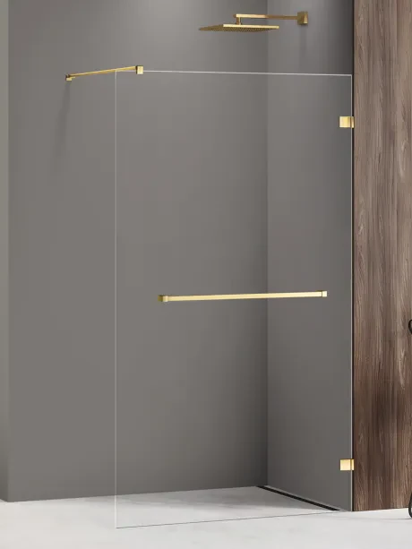 Kabina prysznicowa walk in Avexa Gold Shine, jednoelementowa, z wieszakiem relingowym. Grubość szkła 8mm.
