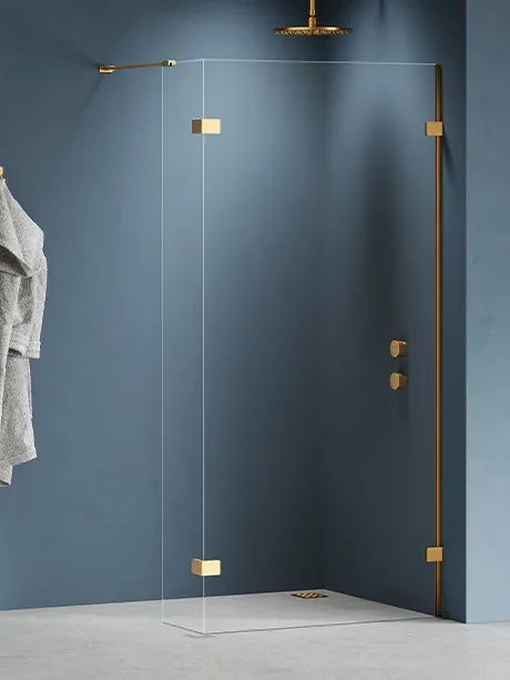Kabina prysznicowa walk in Eventa Gold Brushed. Jednoelementowa, z dodatkową ścianką