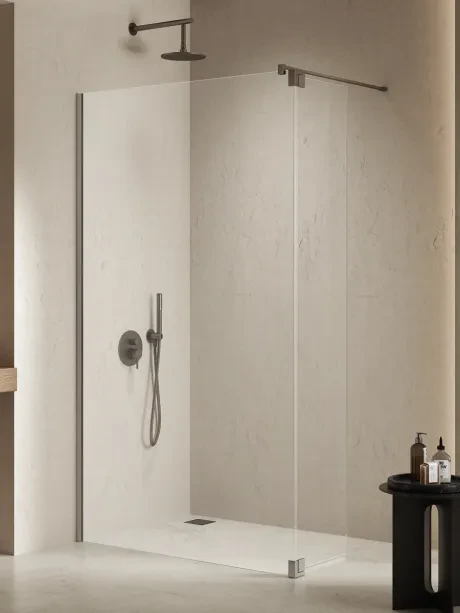 Kabina prysznicowa NESTA GUNMETAL BRUSHED WALK-IN U + dodatkowe skrzydło wahadłowe