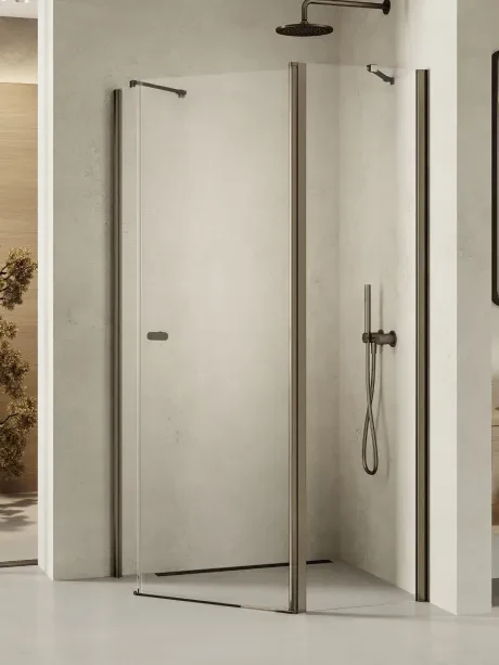 Kabina prysznicowa New Soleo Gunmetal Brushed, pięciokątna, asymetryczna, drzwi pojedyncze