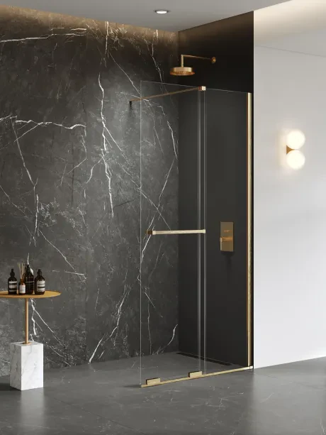 Kabina prysznicowa walk in Smart Gold Brushed, przesuwna, wspornik prostopadły, reling